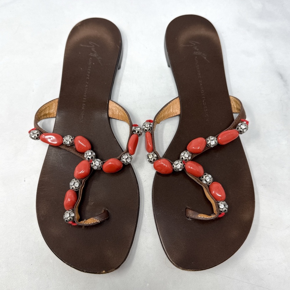 Giuseppe Zanotti Vicini Vintage Y2K Leather Stone Rhinestone Flat Slide Sandals